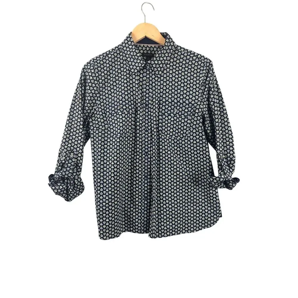 Talbots Navy Printed Button Front Cotton Shirt Women’s XS Roll Tab Sleeves‎